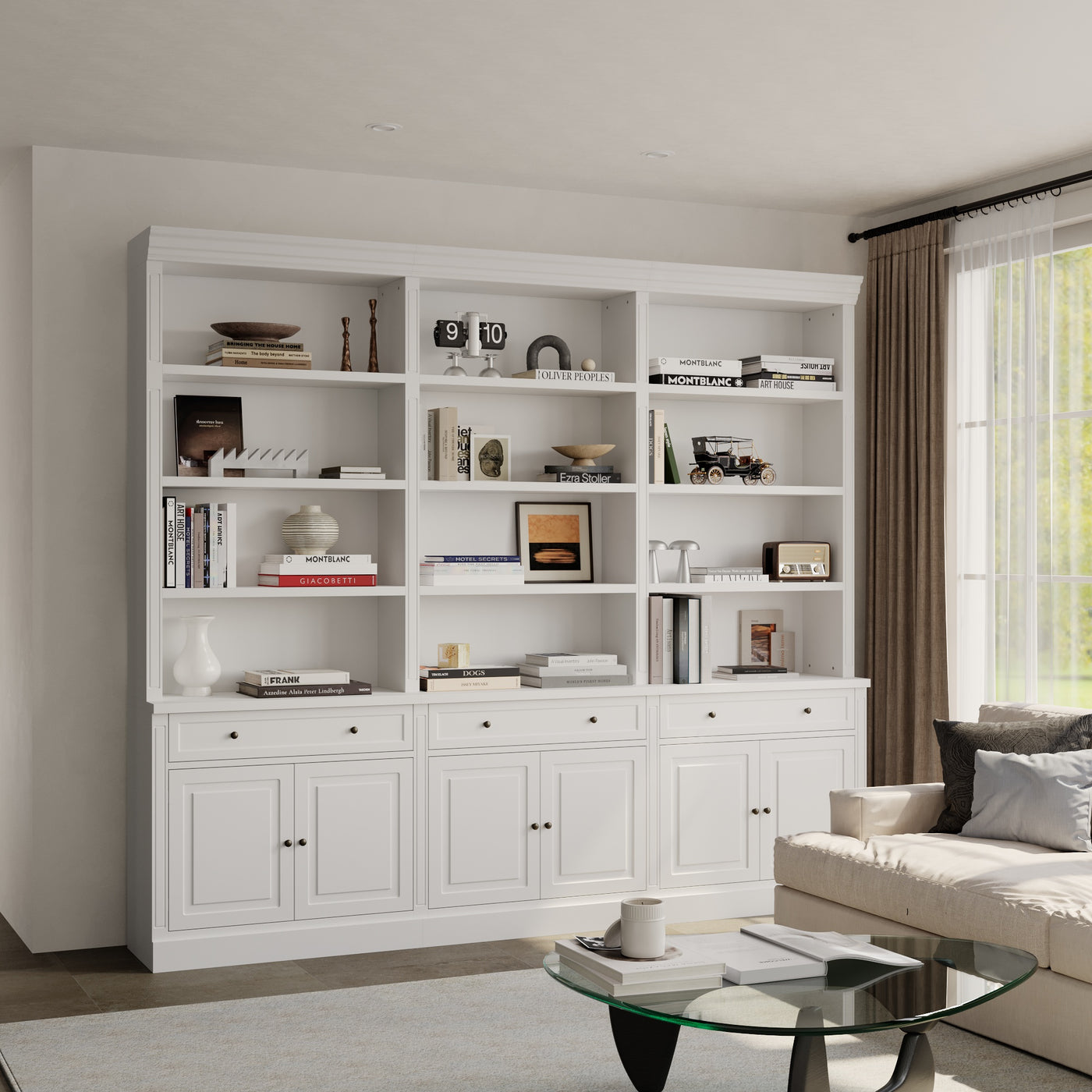 102.4" White 6‑Tier Open Bookcase Storage Cabinet with 3 Drawers & 6 Closed Base Doors