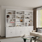 102.4 inches White 6‑Tier Open Bookcase Storage Cabinet with 3 Drawers & 6 Closed Base Doors