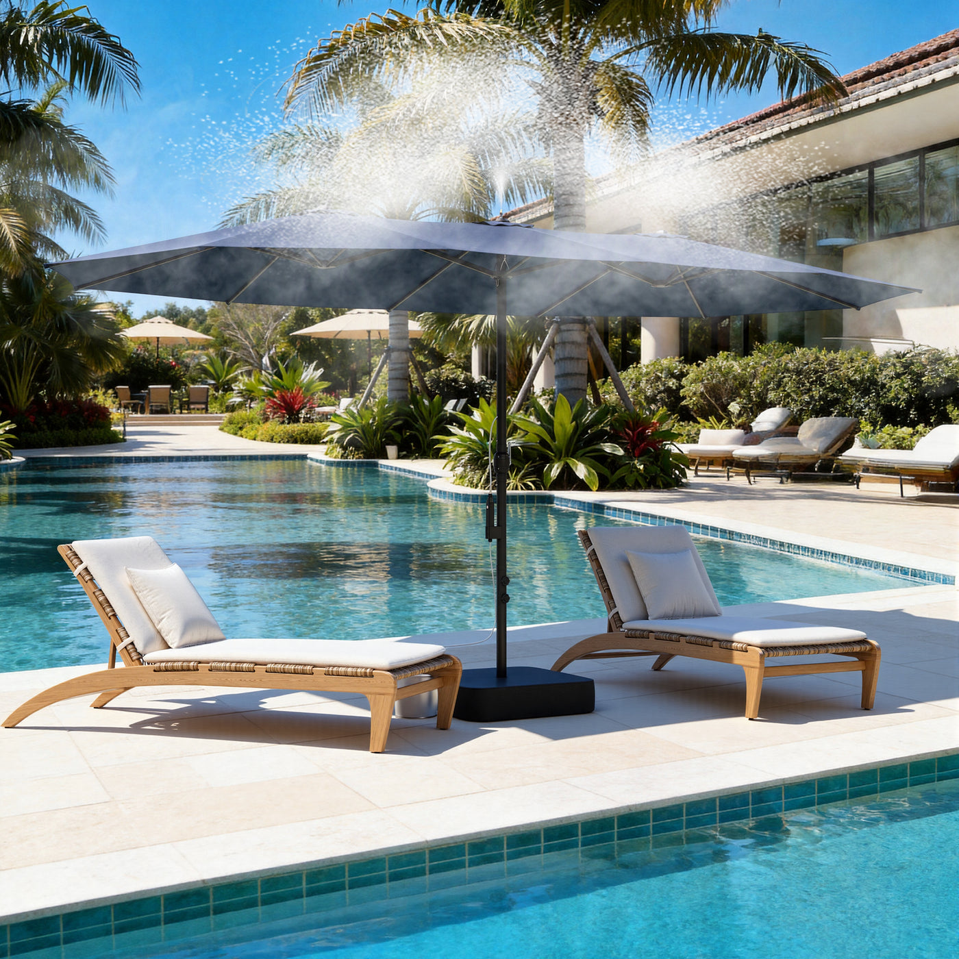 118" Double-Sided Patio Umbrella with Misting System  and Base