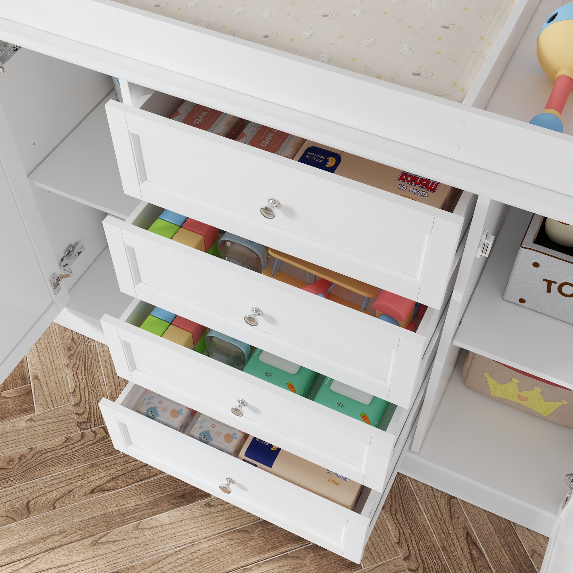 47.2" Wide White Changing Table Dresser With 2 Cabinets & 4 Drawers
