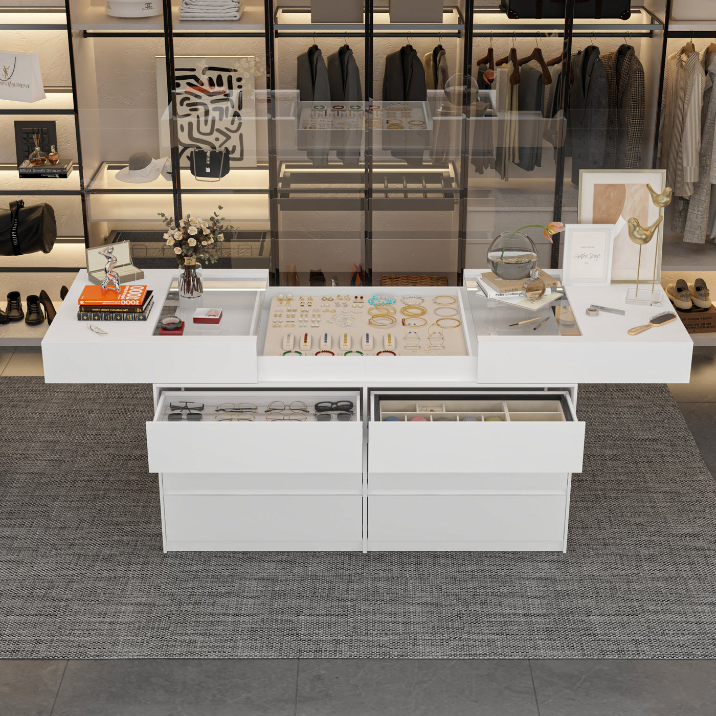 63" Modern White 1-Shelf Chest With 12 Drawers And Tempered Glass Top