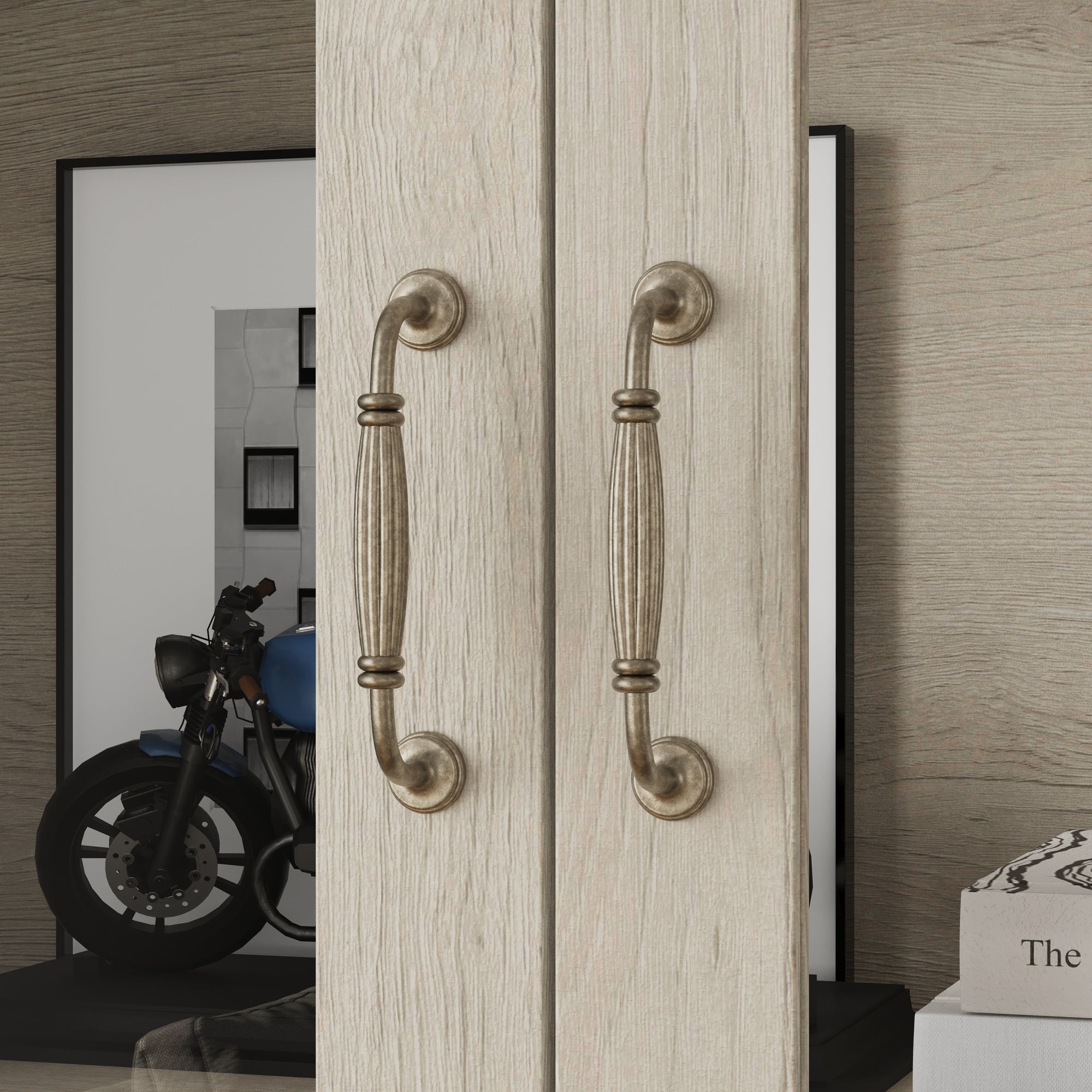 63 inch Rustic Gray-White Wood Bookcase Display Cabinet with Glass Doors & 3 Drawers