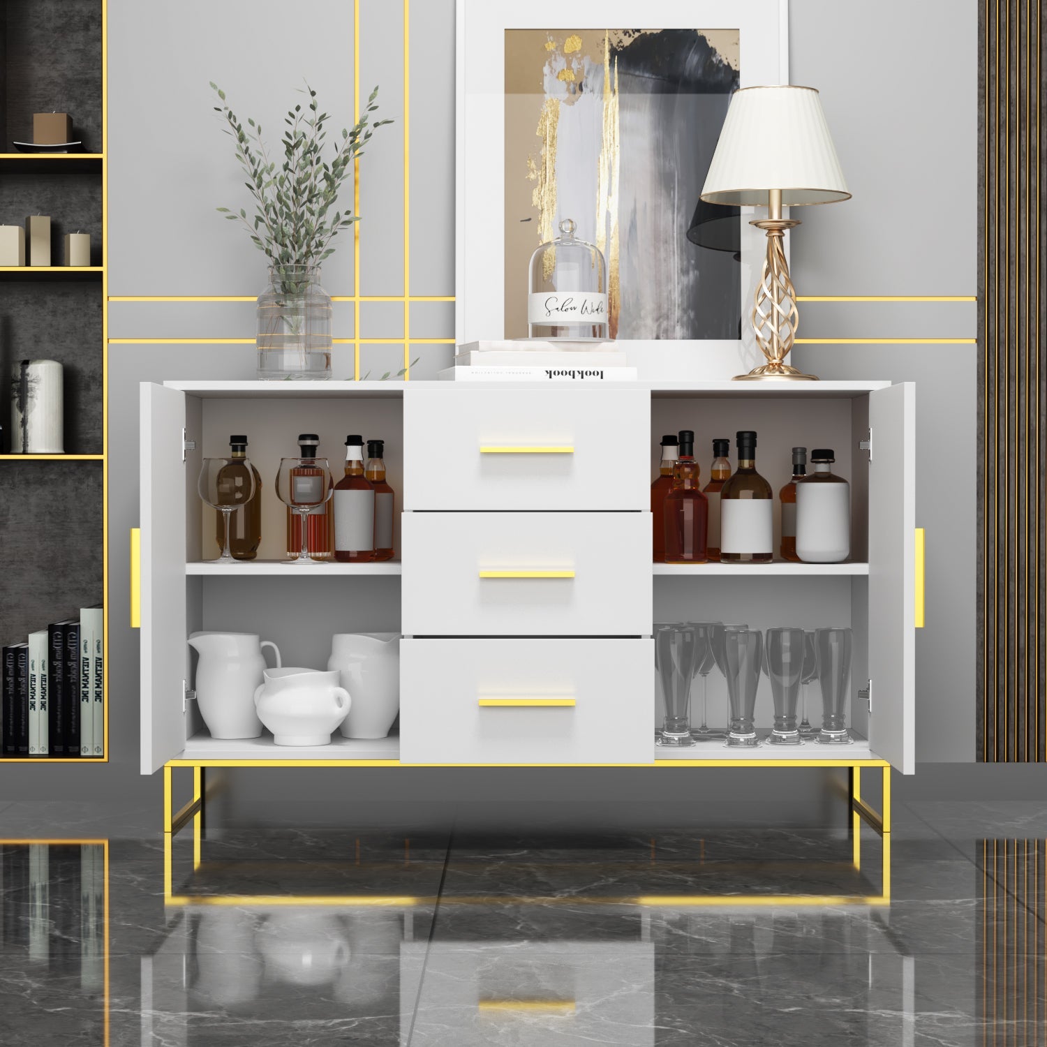 Buffet Sideboard with 3 Drawers & 2 Doors Storage Cabinet Sideboard Credenza Metal Legs for Dining Room and Living Room