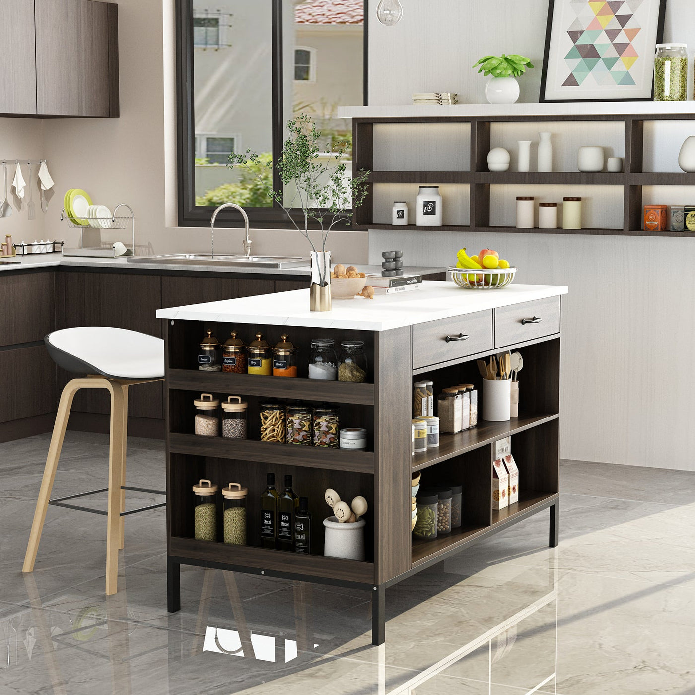 55.1" Modern Kitchen Island with 2 Drawers and Open Storage Shelves