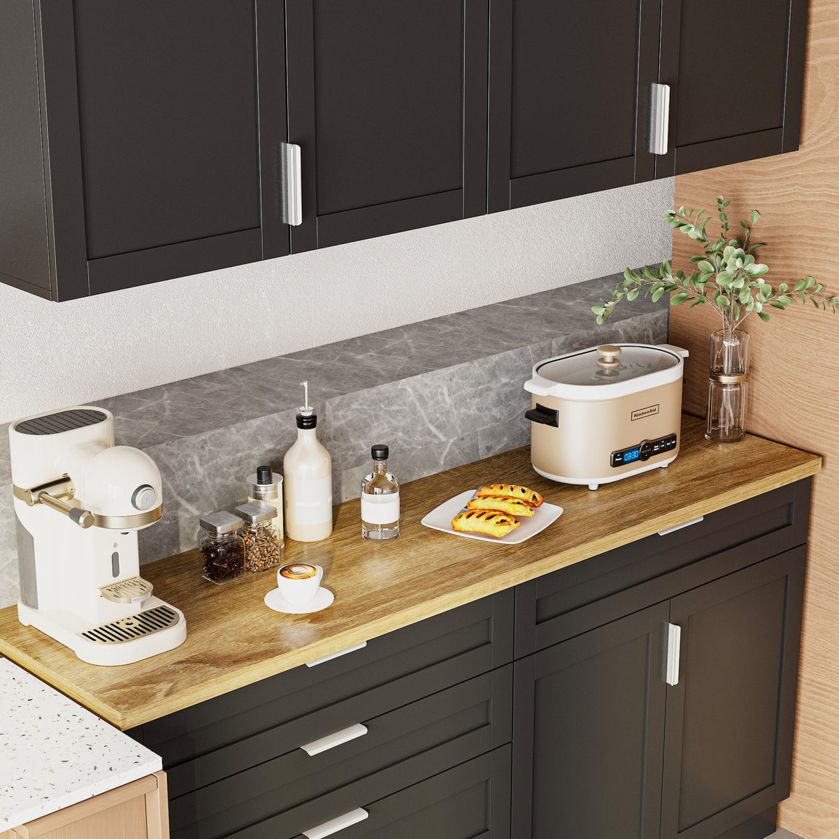 63" Modern Matte Black Kitchen Cabinet Set with 5 Drawers and 6 Doors