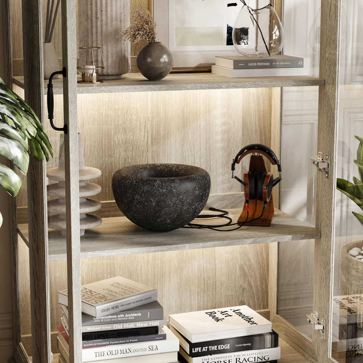 37" Modern 4-Tier Display Bookcase with Glass Doors and Lights