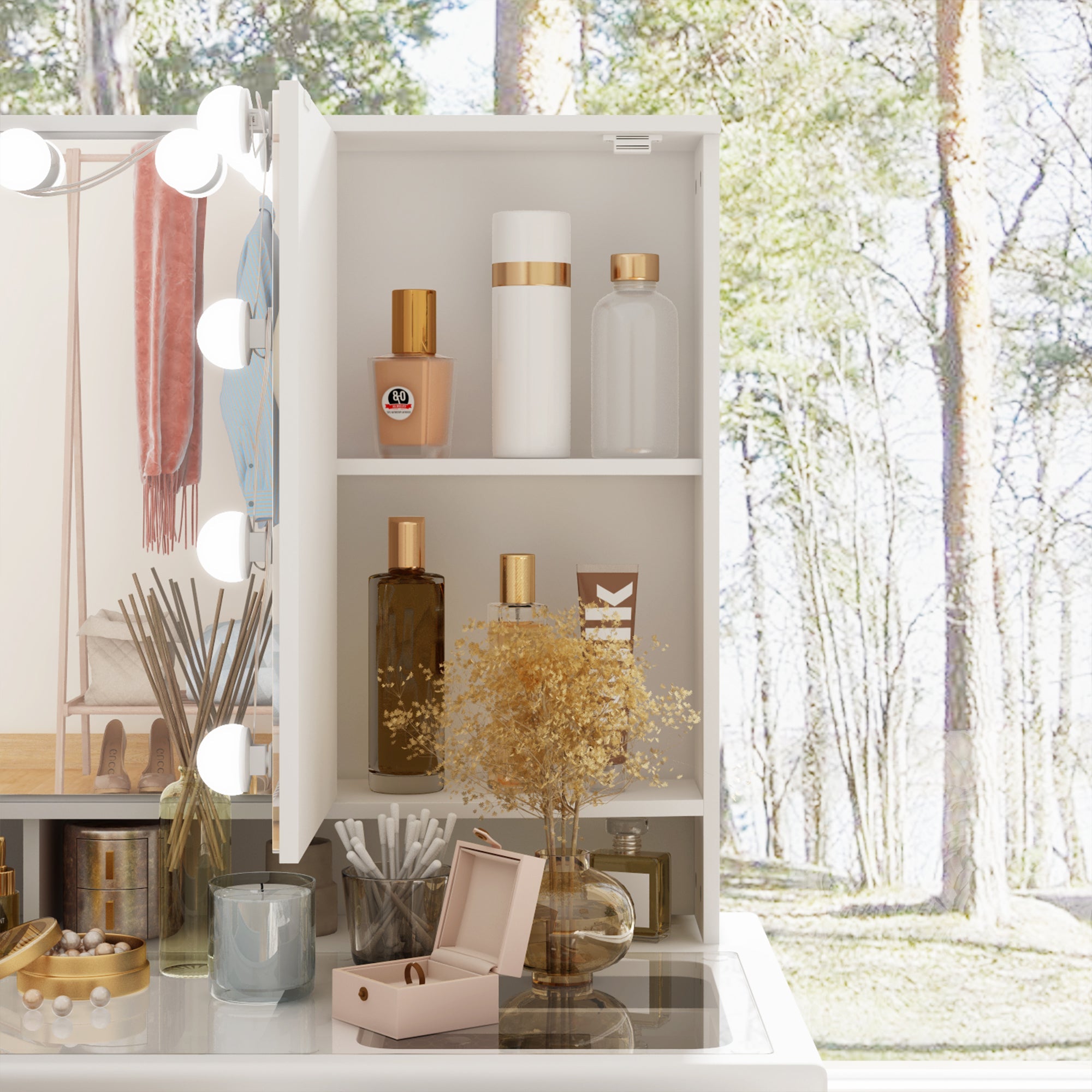 Home Makeup Dressing Table  With A Transparent Tempered Glass Countertop