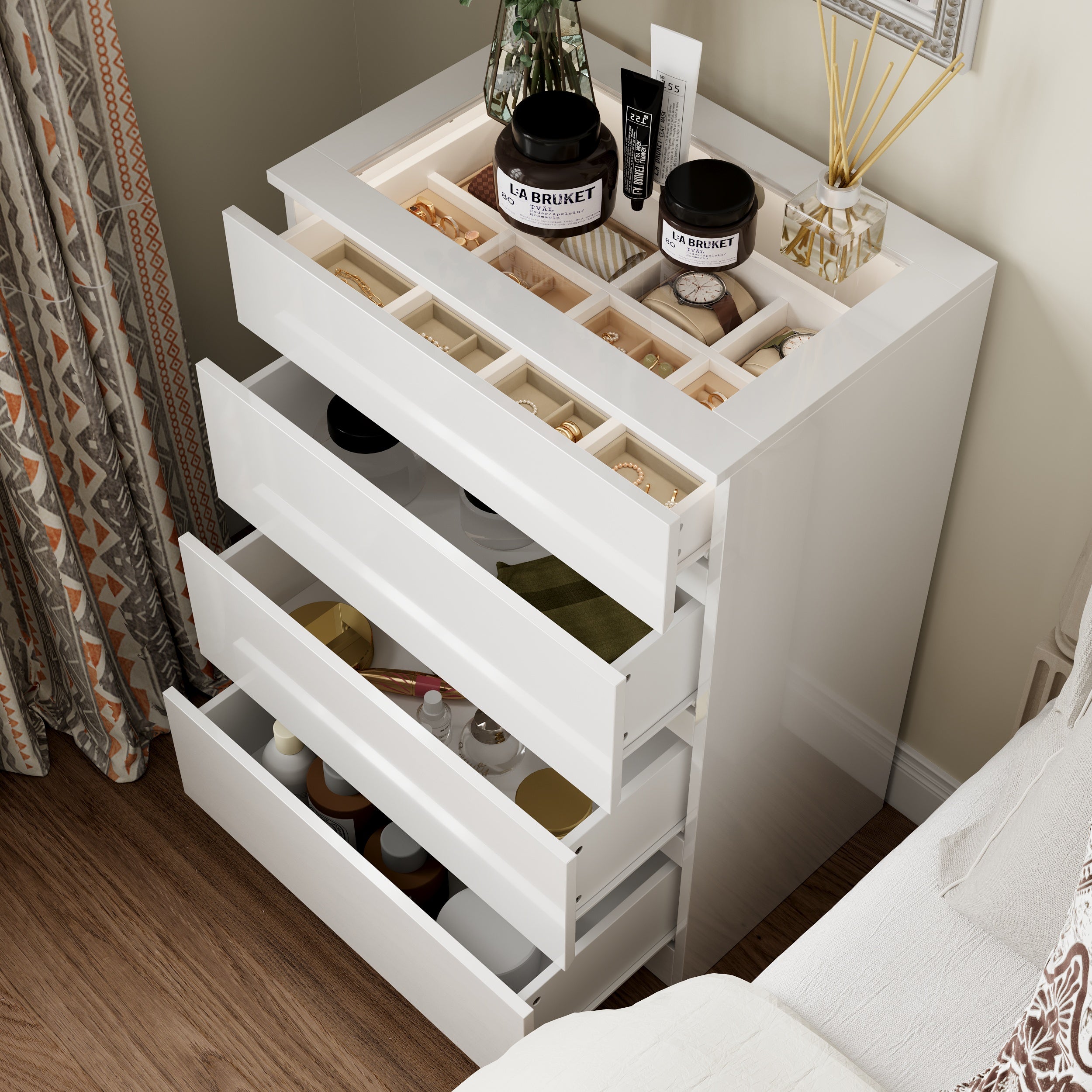 White dresser with jewelry organizer top and 4 drawers
