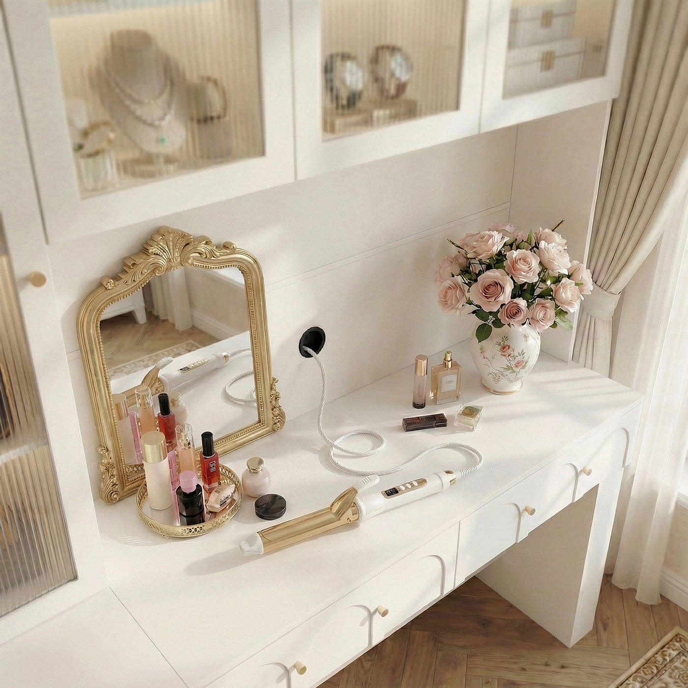 63" Modern White Versatile Vanity Desk with Massive Storage and Arched Glass Doors