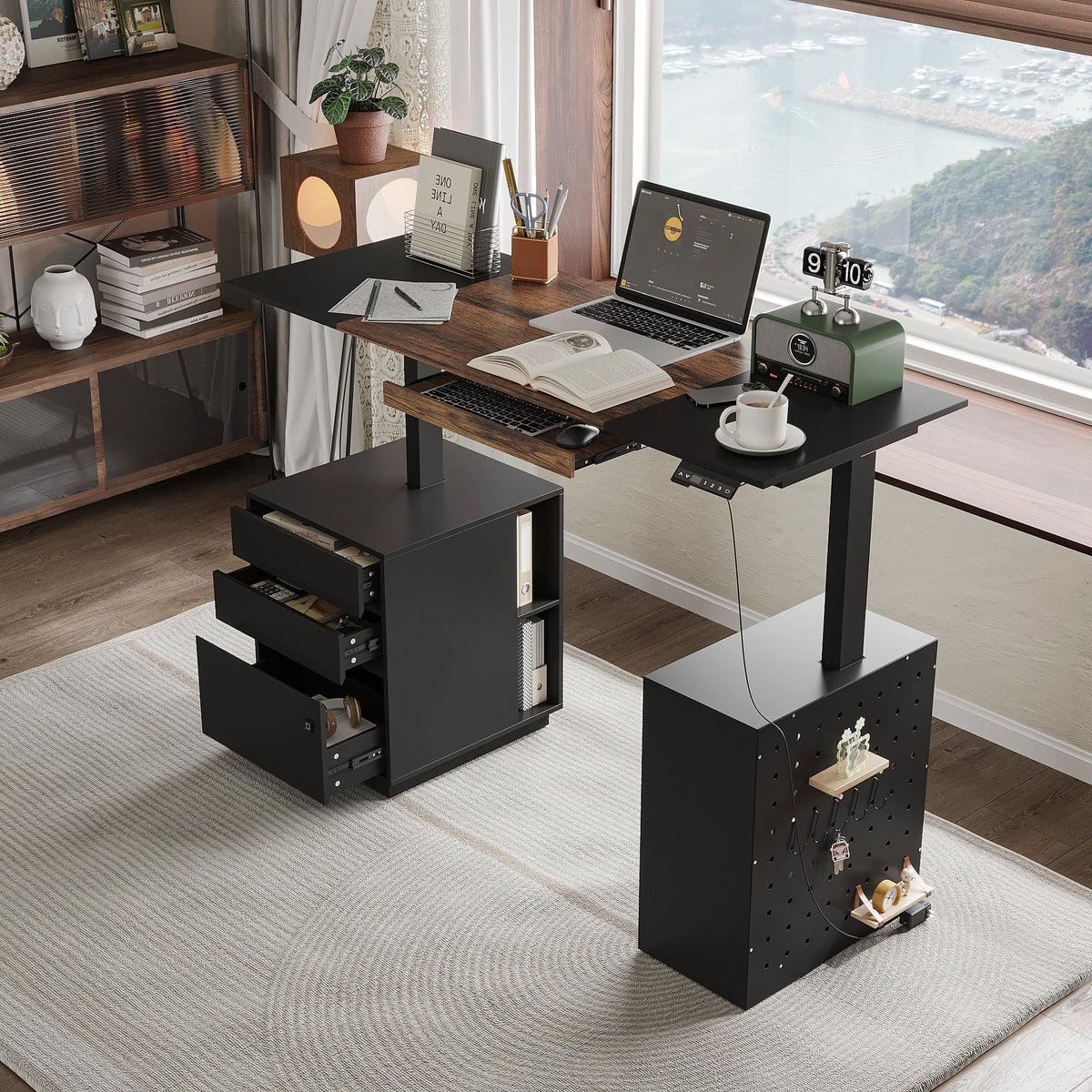 63" Modern Standing Desk with Pegboard Organizer and Keyboard Tray
