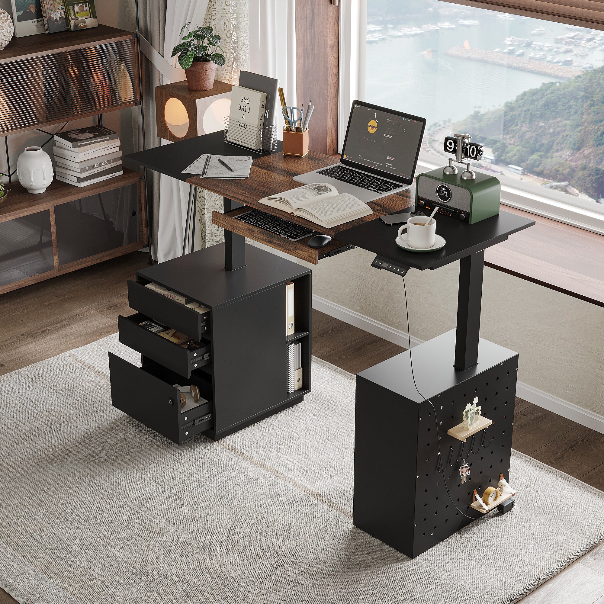 Modern Electric Height Adjustable Desk With Dual Storage Modules And Pegboard Organizer
