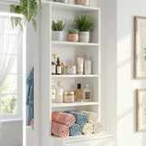 White makeup vanity with full-length LED mirror, side shelves, and drawer storage