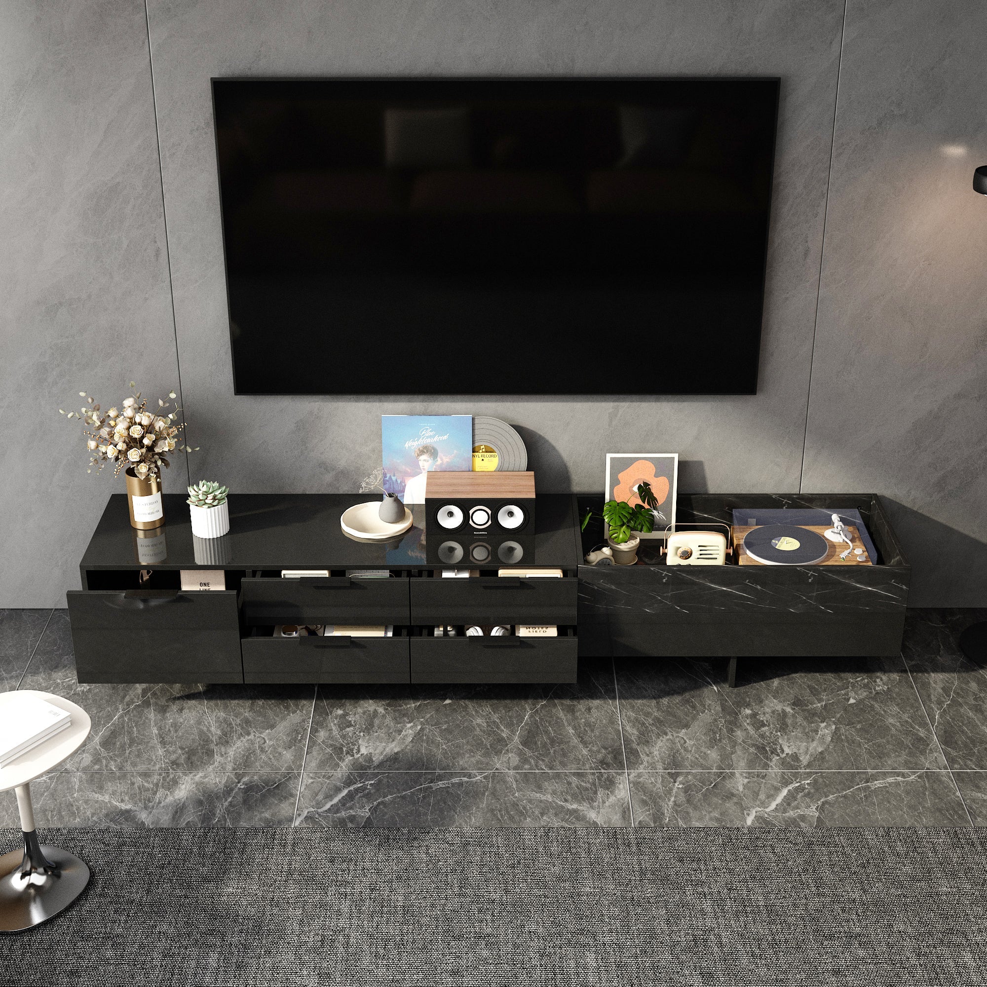 78.7'' W 5-Drawer High-Gloss Surface TV Stand Media Center With Stone Texture Design Groove Storage