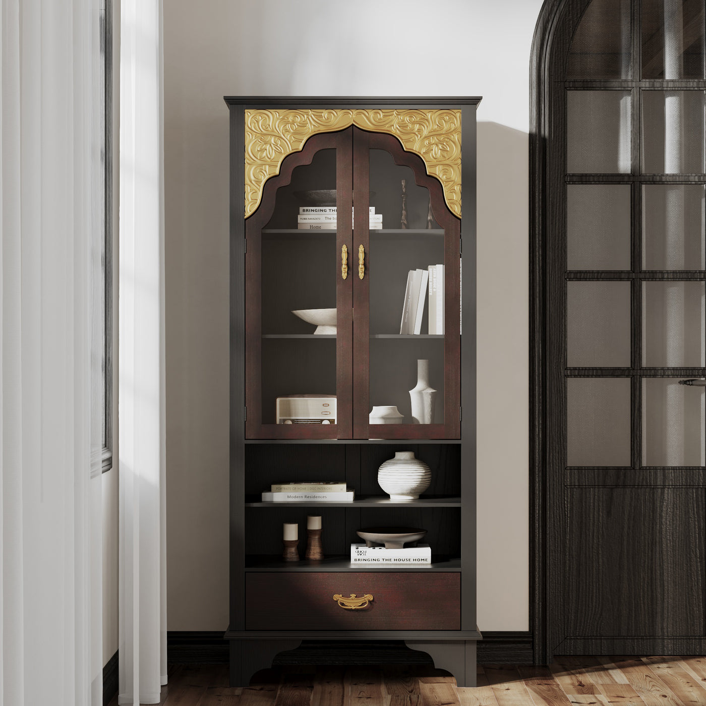 31.5" Vantage Brown Display Cabinet with Tempered Glass Door and Exquisite Carvings