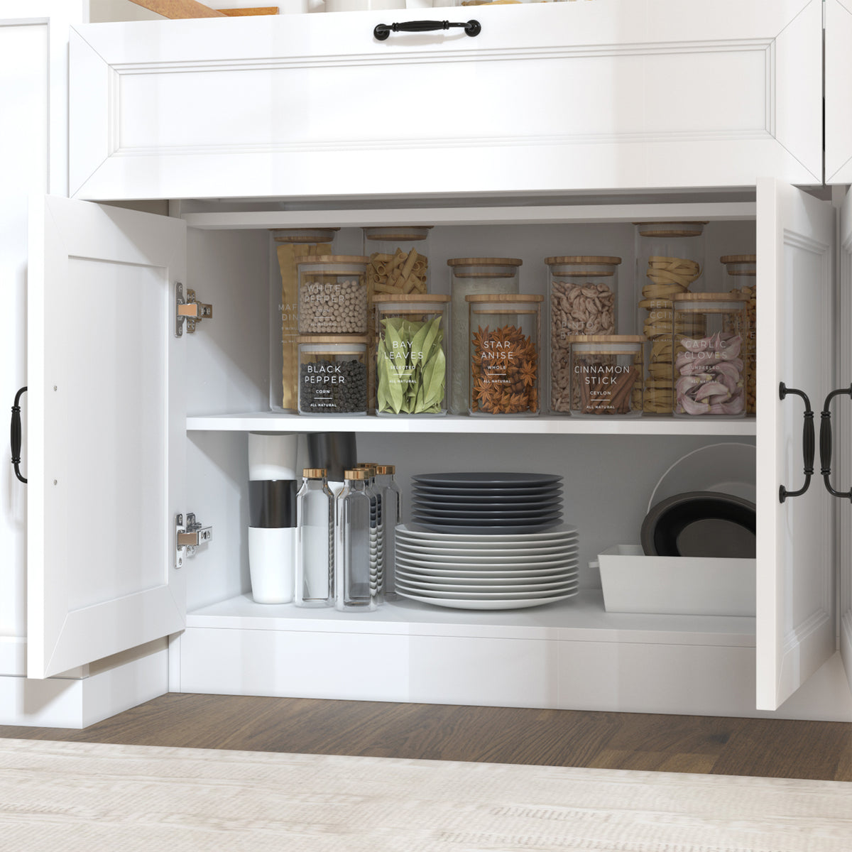63" Modern White Kitchen Pantry Cabinet with 8 Doors, 2 Drawers & Large Central Worktop