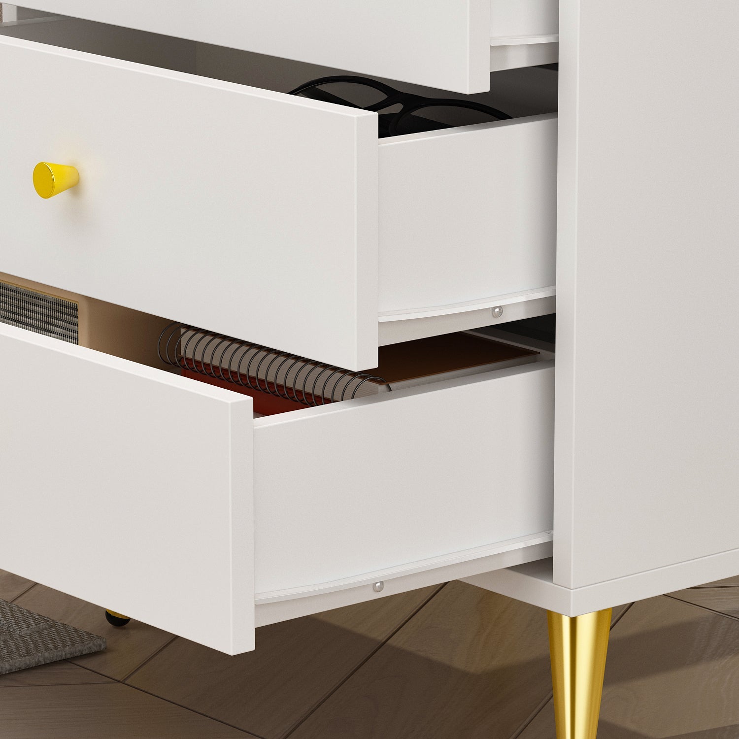 Storage Nightstand Chest 3 Drawers Cabinet in Bedroom with Metal Parts