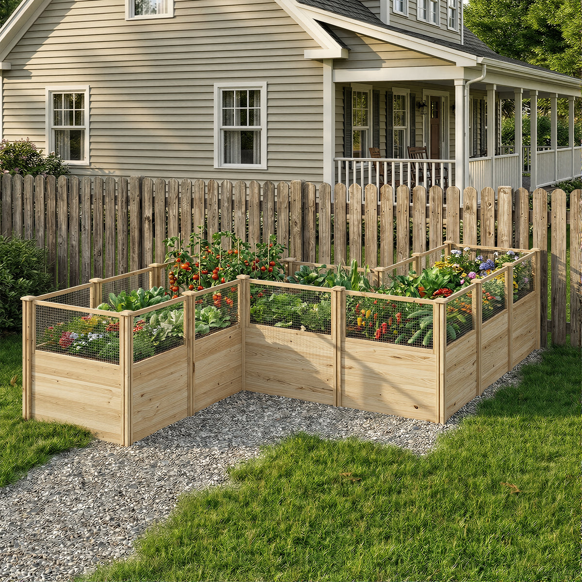 Wooden raised garden bed with plants in front of a house
