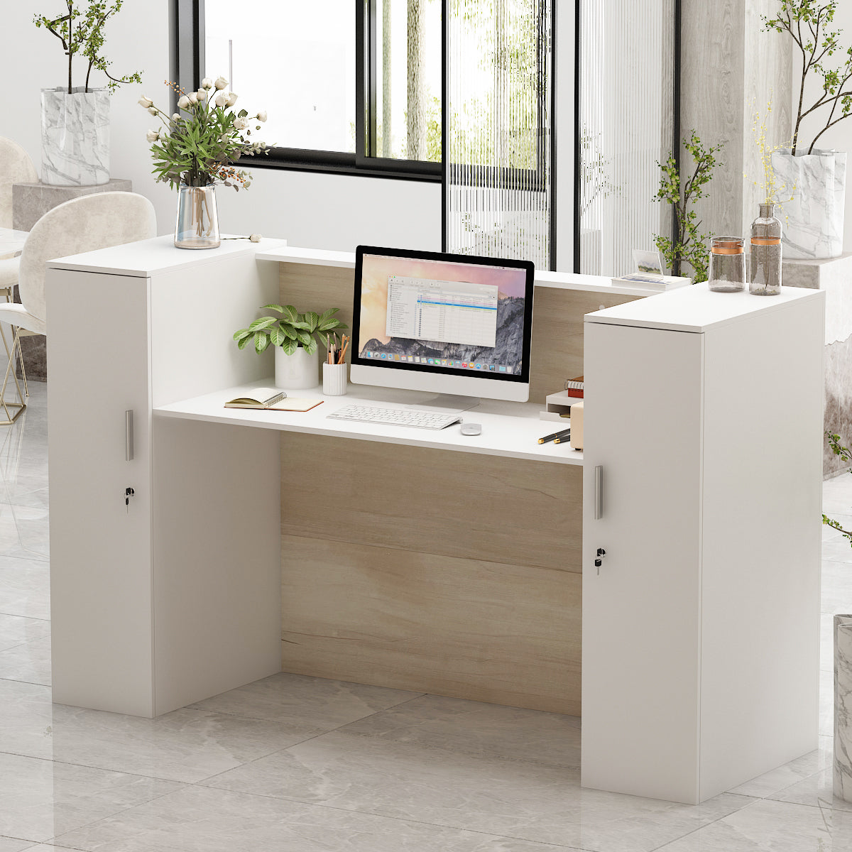 Large Reception Desk Reception Station with Lockable Door 70"W