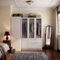 Skira 66.9" Modern Corner Wardrobe with Frosted Glass Doors and Gold Hardware