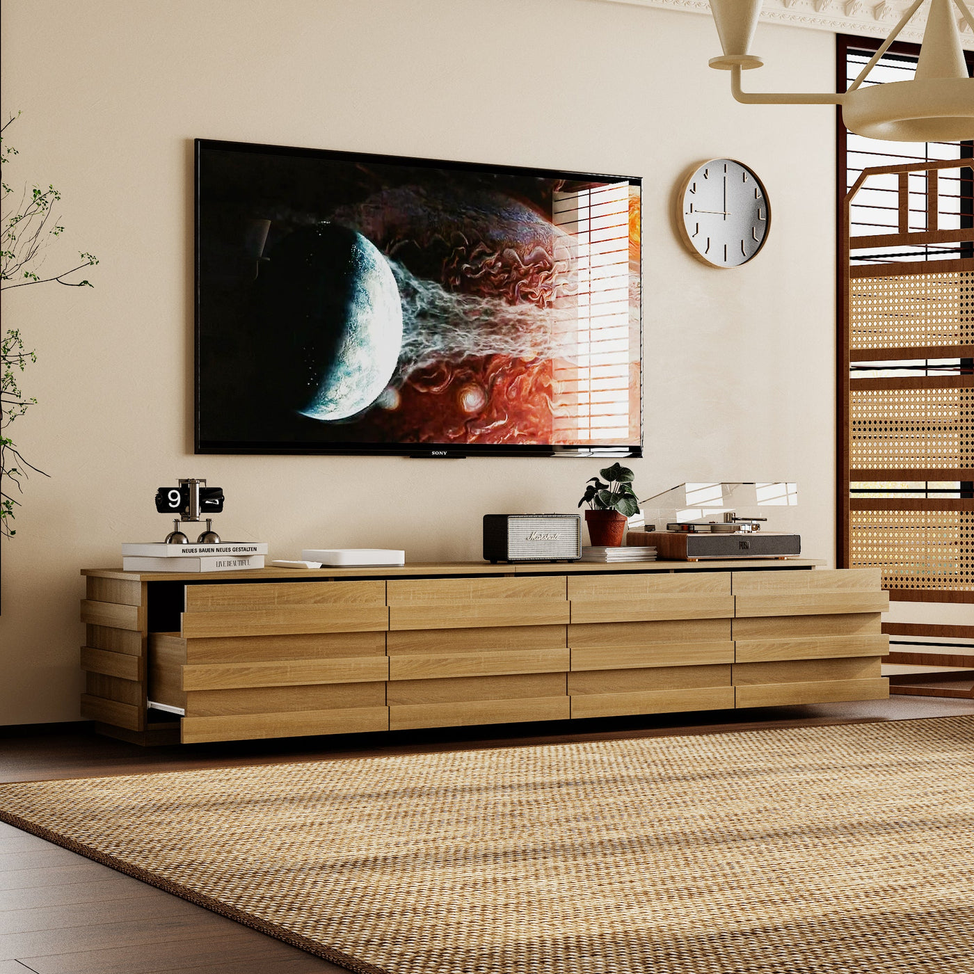 78.7" Modern Scandinavian Natural TV Stand Media Console with 4 Drawers