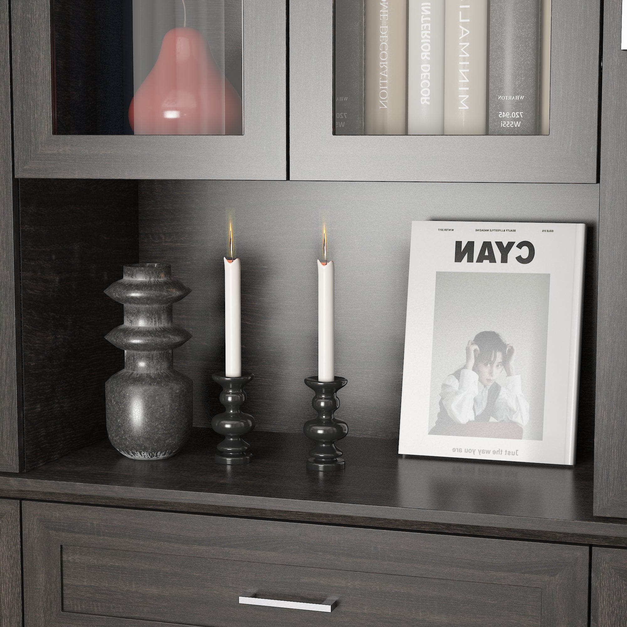 80'' H X 60.6'' W 6-Tier Bookcase With Glass Doors & Drawer