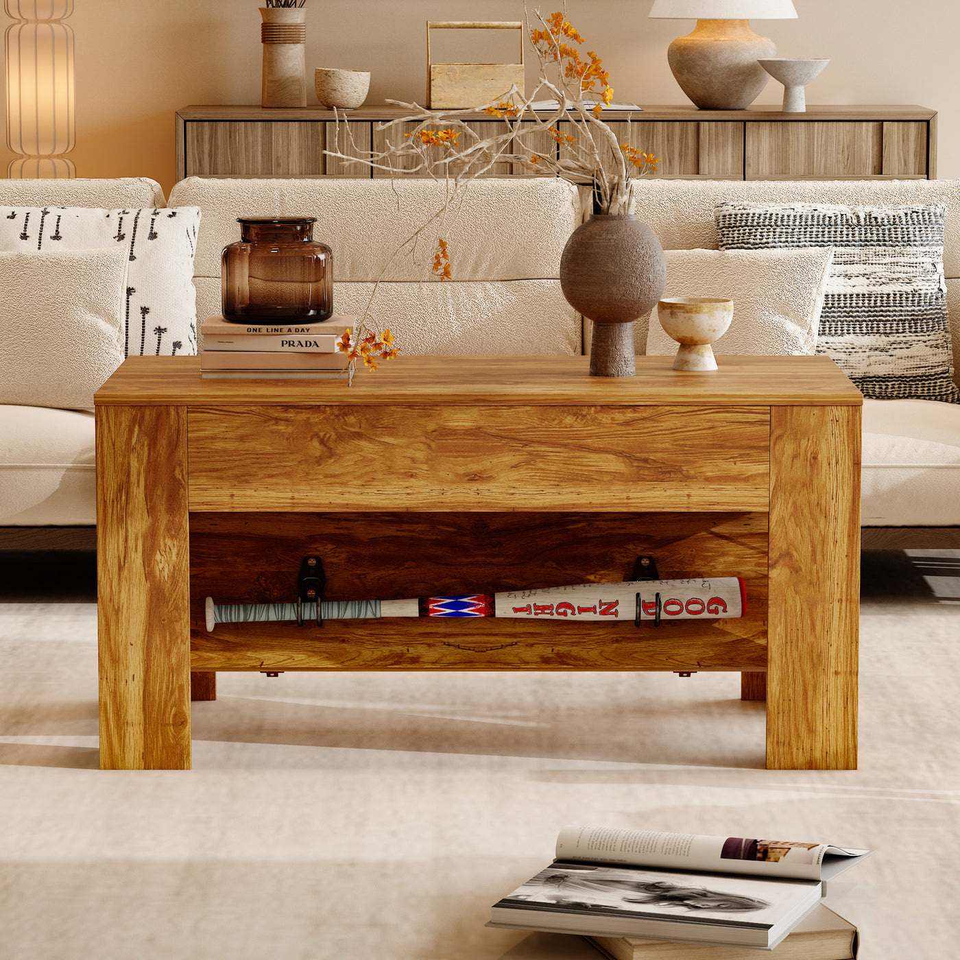 39.4" Traditional Brown Coffee Table with 4 Hidden Compartments
