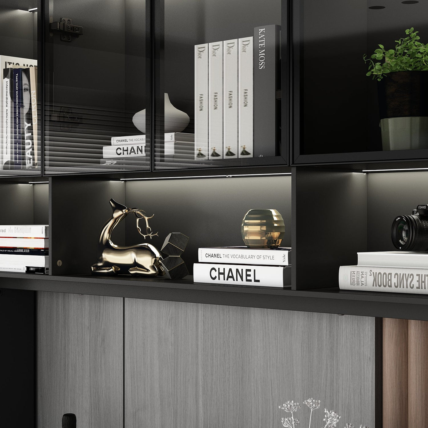 90.6" Transitional Black Computer Desk With Light And Glass Hinged Doors