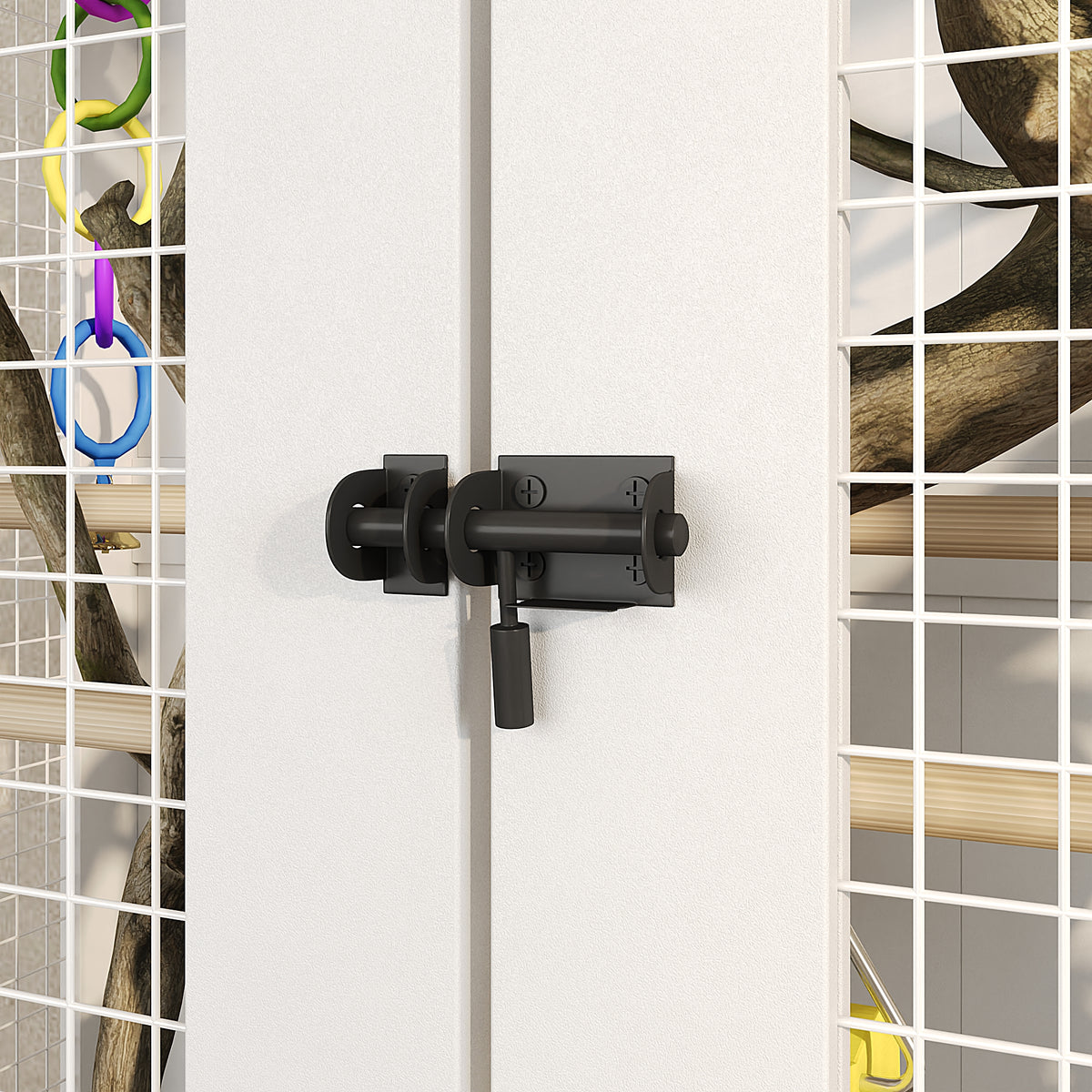 Black door handle on a white door with a grid patterned background