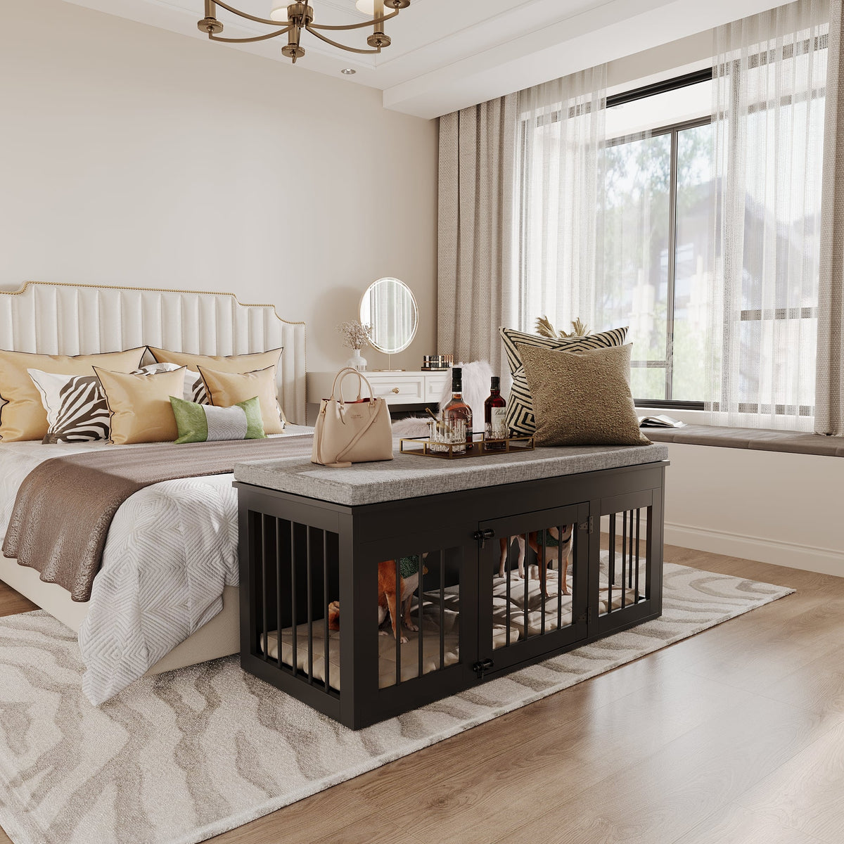 47.2" Modern Black Bed Bench Dog Crate with Cushion