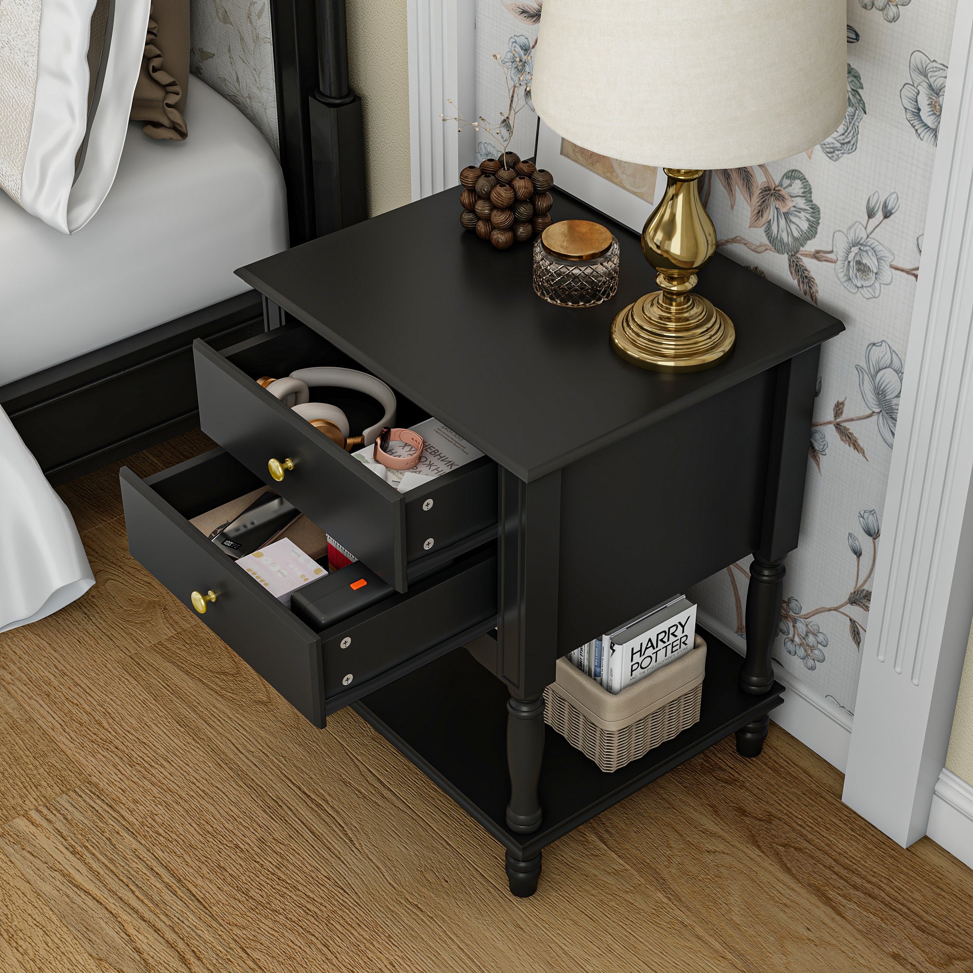End Table Side Table Bedroom Night Stand Bedside Embossed Table with 2 Drawers & Open Shelf