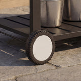 Black outdoor kitchen island cart with side shelf, storage cabinet, sink, and wheels