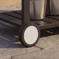 Black outdoor kitchen island cart with side shelf, storage cabinet, sink, and wheels