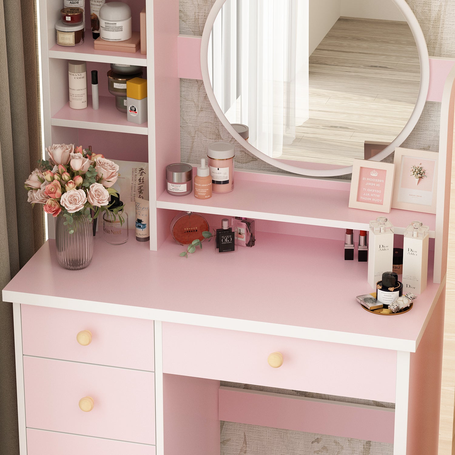 Makeup Vanity Set with Cushioned Stool, 5 Drawers & Display Shelves