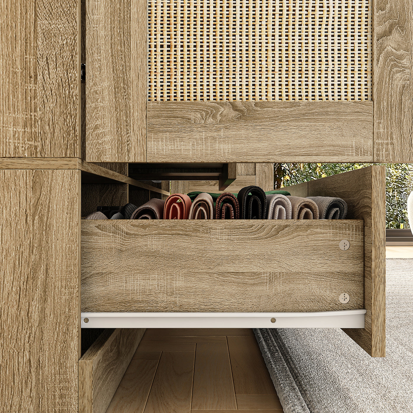 63" Rustic 4-Door Wardrobe Armoire with Rattan Paneling, 6 Drawers & 2 Hanging Rods
