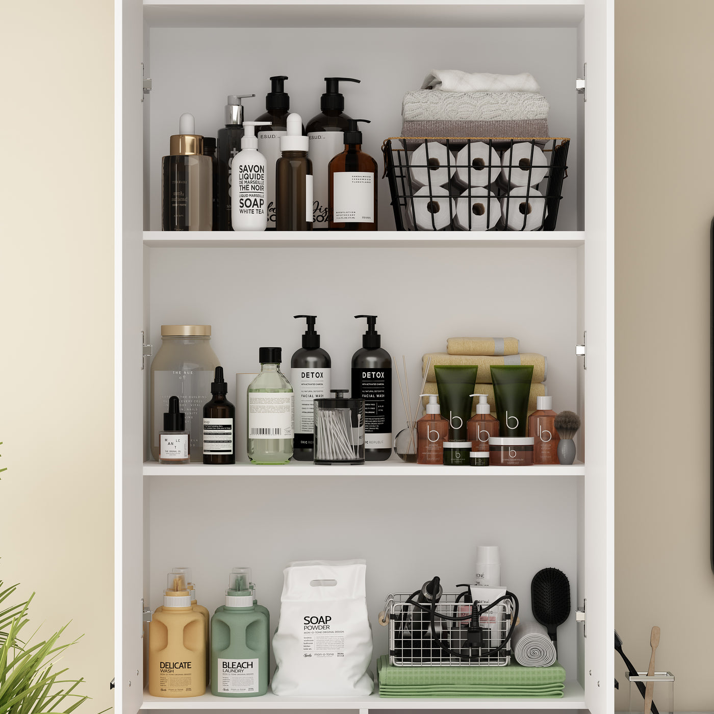 Shelving unit with various bottles, containers, and cleaning supplies on a neutral background