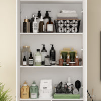 Shelving unit with various bottles, containers, and cleaning supplies on a neutral background