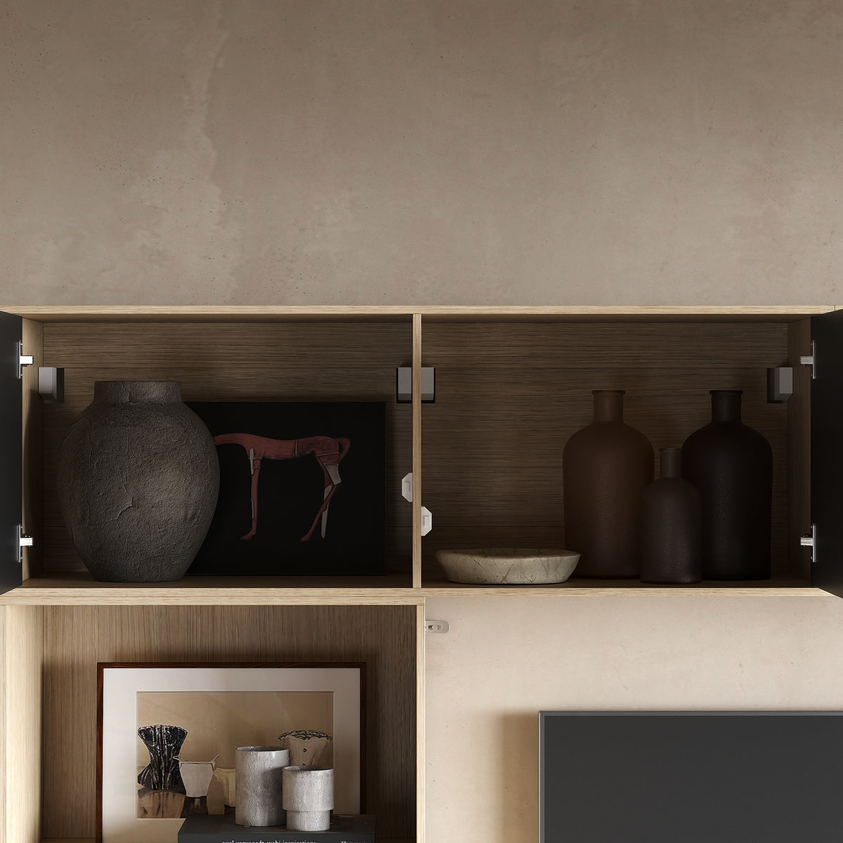 92.7 inch Modern Oak & Black Entertainment Center with Overhead Cabinets