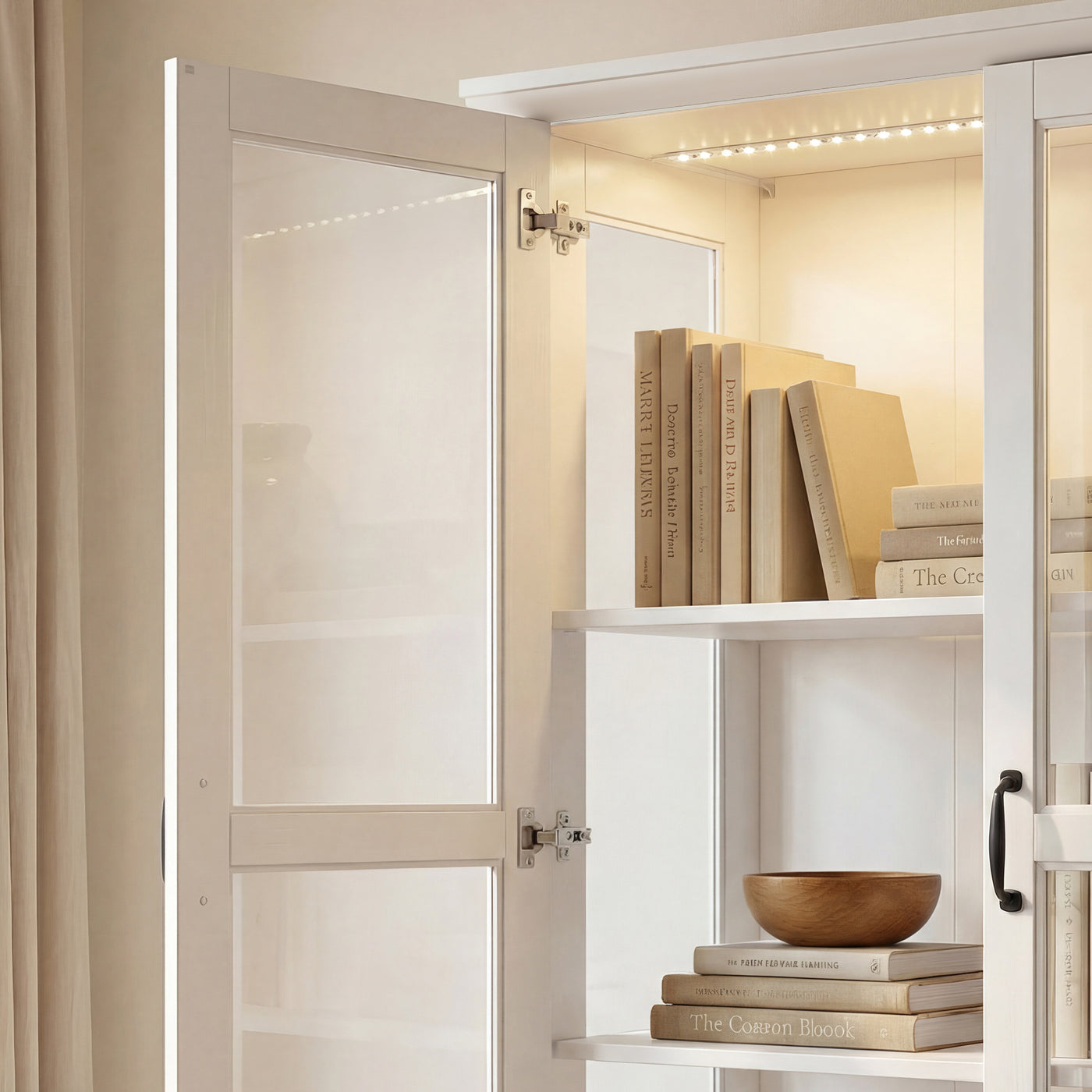 63" Smart White Display Cabinet with Bluetooth LED Lights, 8 Drawers and Glass Doors