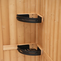 Black corner shelves mounted on a wooden wall
