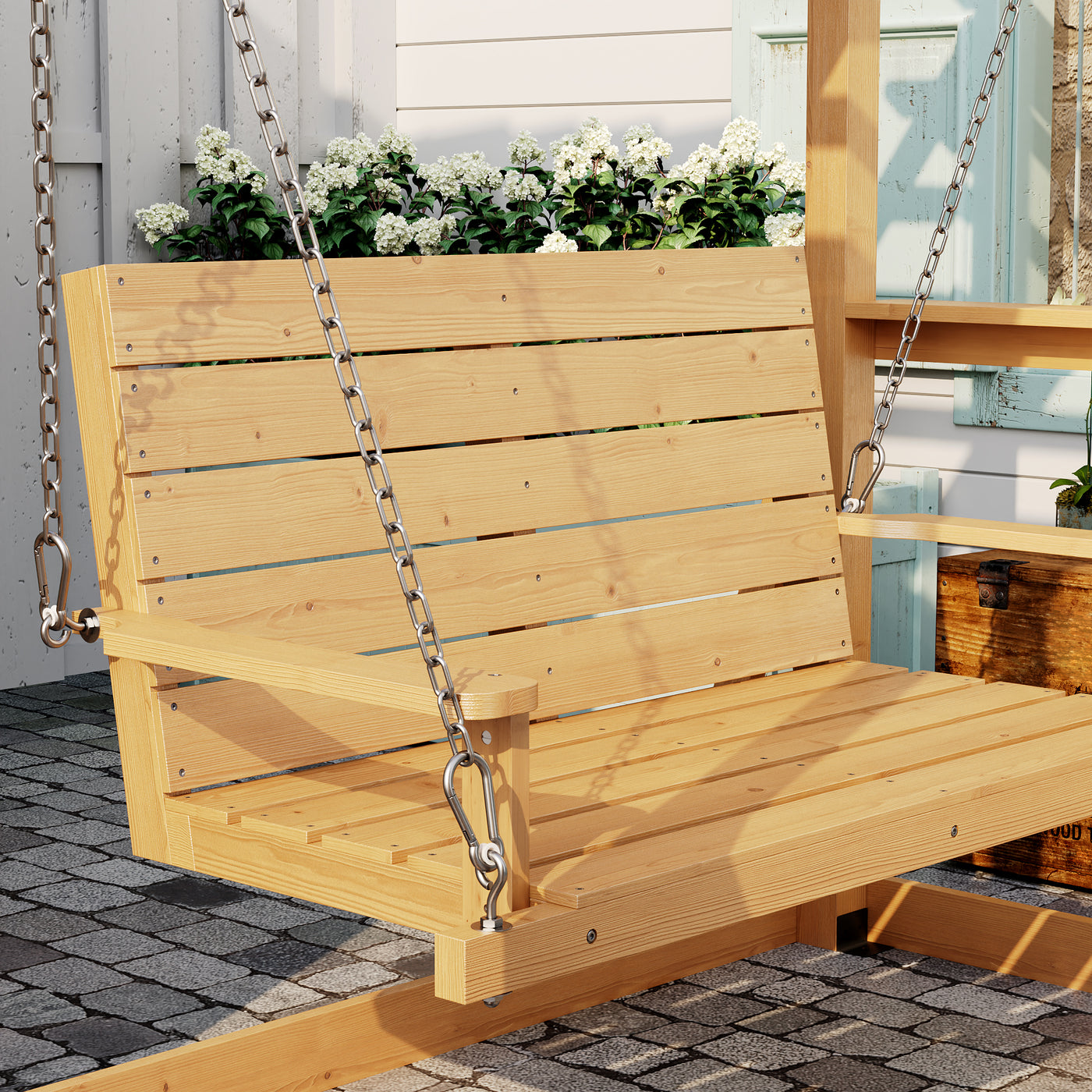 Wooden swing with chains on a patio
