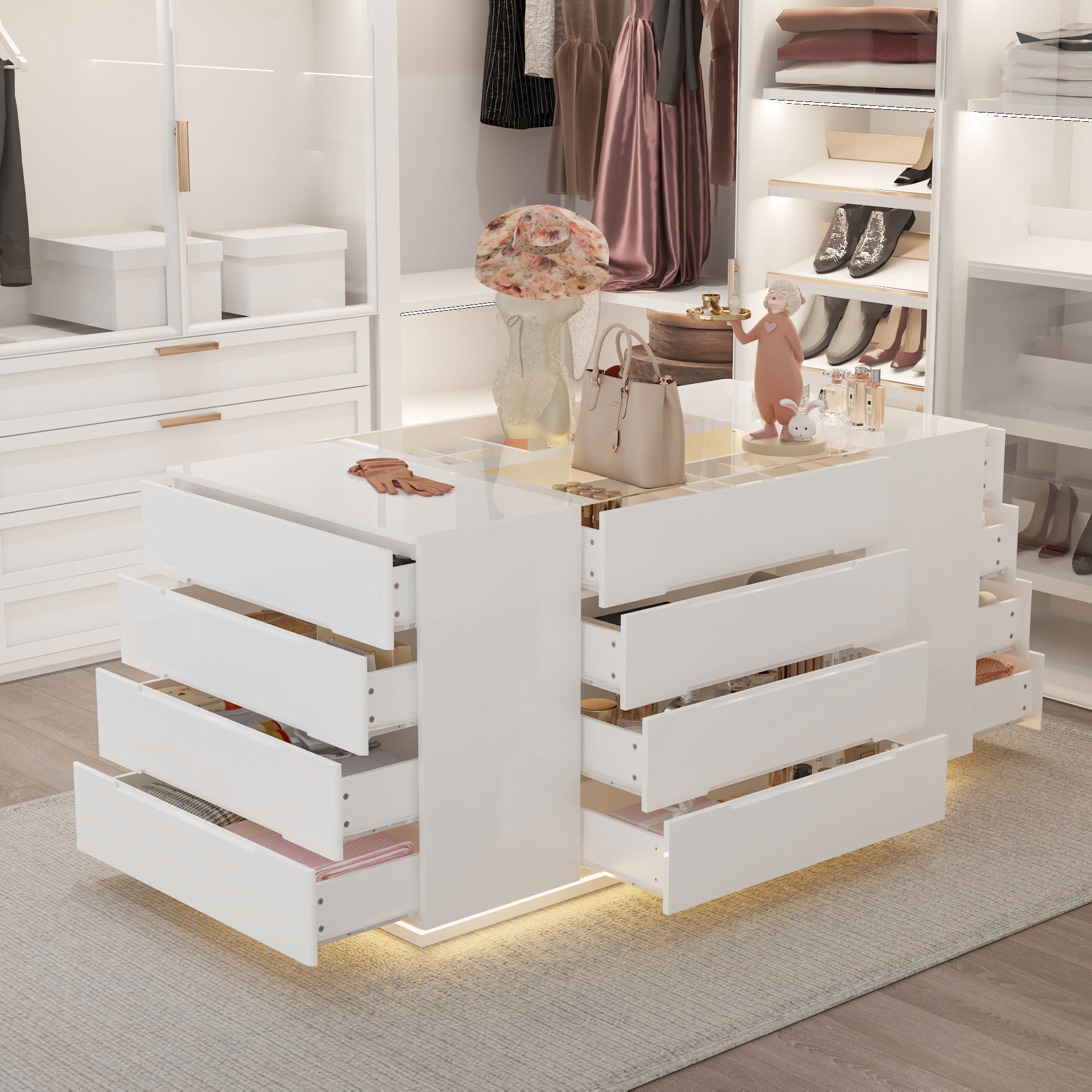 16-Drawer Chest With Graceful Design And Tempered Glass Top