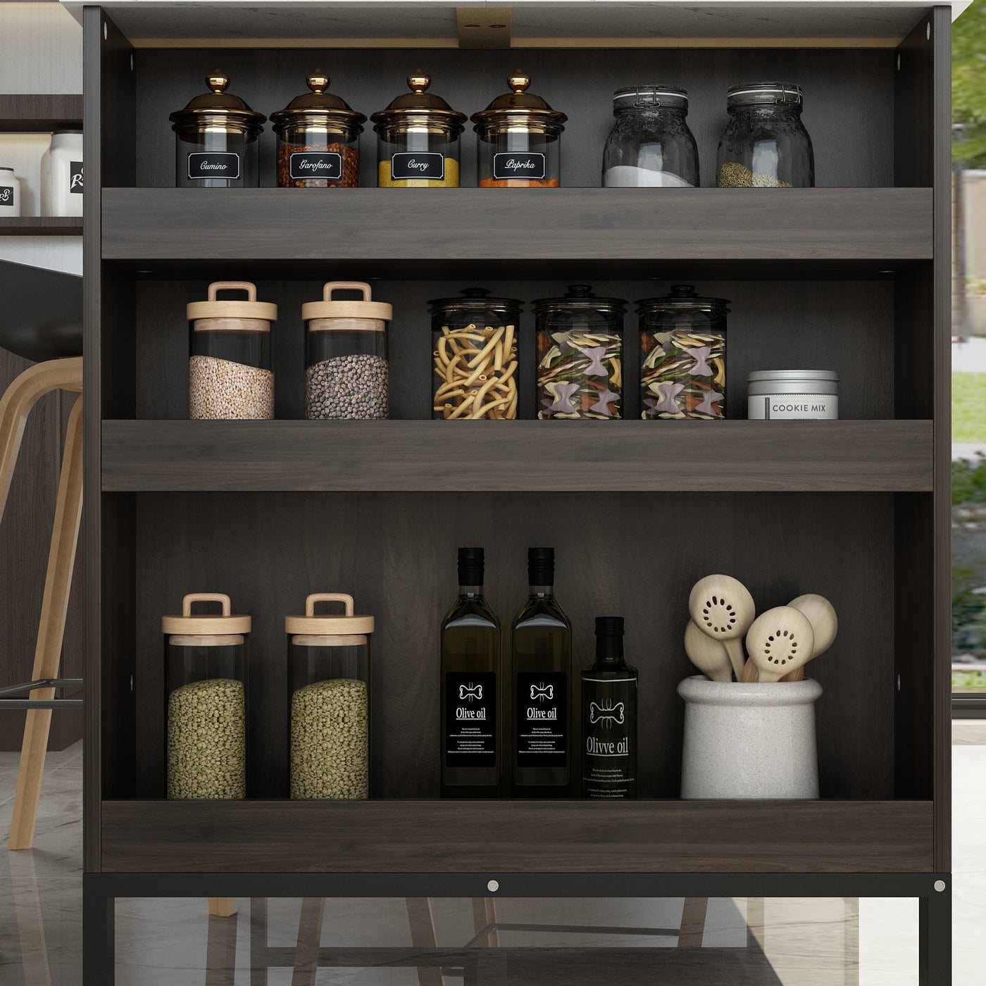 55.1" Modern Kitchen Island with 2 Drawers and Open Storage Shelves
