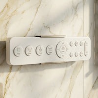 White smart toilet with digital display, and side control knob