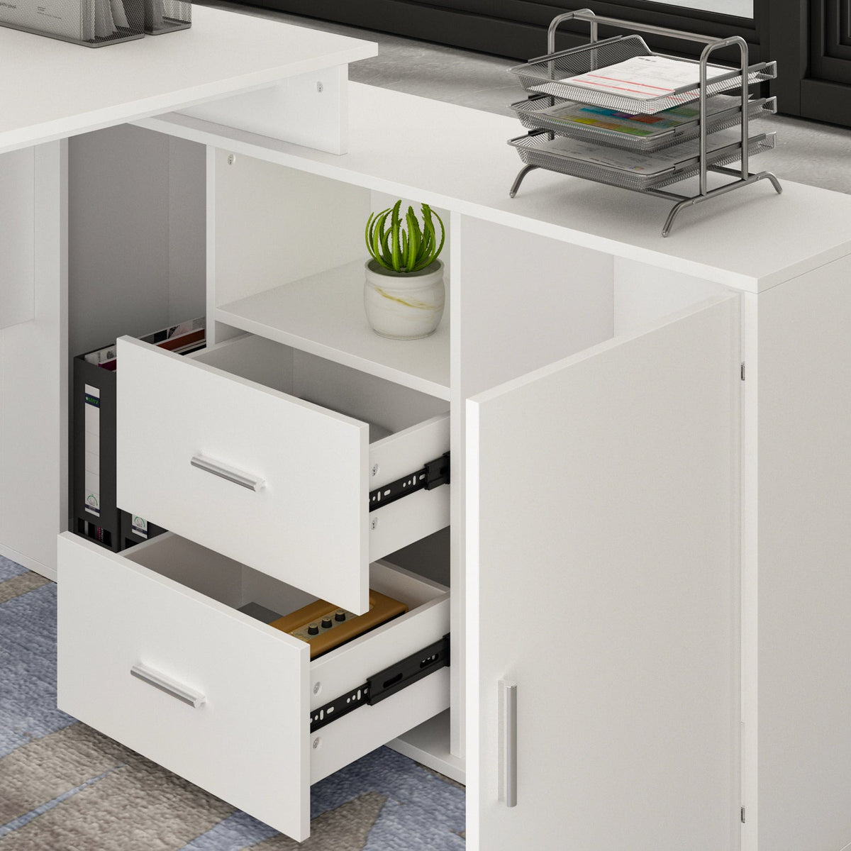 L-Shaped Computer Desk Writing and Gaming Desk with Drawers and Shelves for Home Office