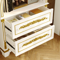 White dresser with gold accents on a wooden floor