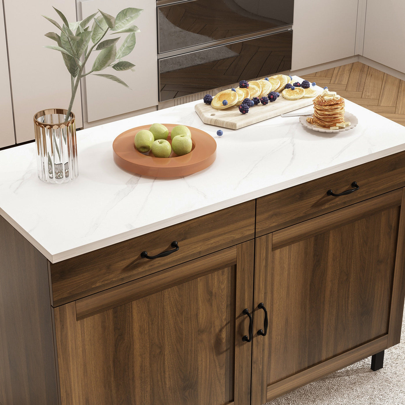 47.2" Modern Brown Wood Kitchen Island with Marble Veneer Countertop and Storage