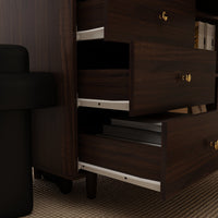 55.1" Mid-Century Modern Brown L-Shaped Home Office Computer Desk with 3 Drawers and Wood Legs