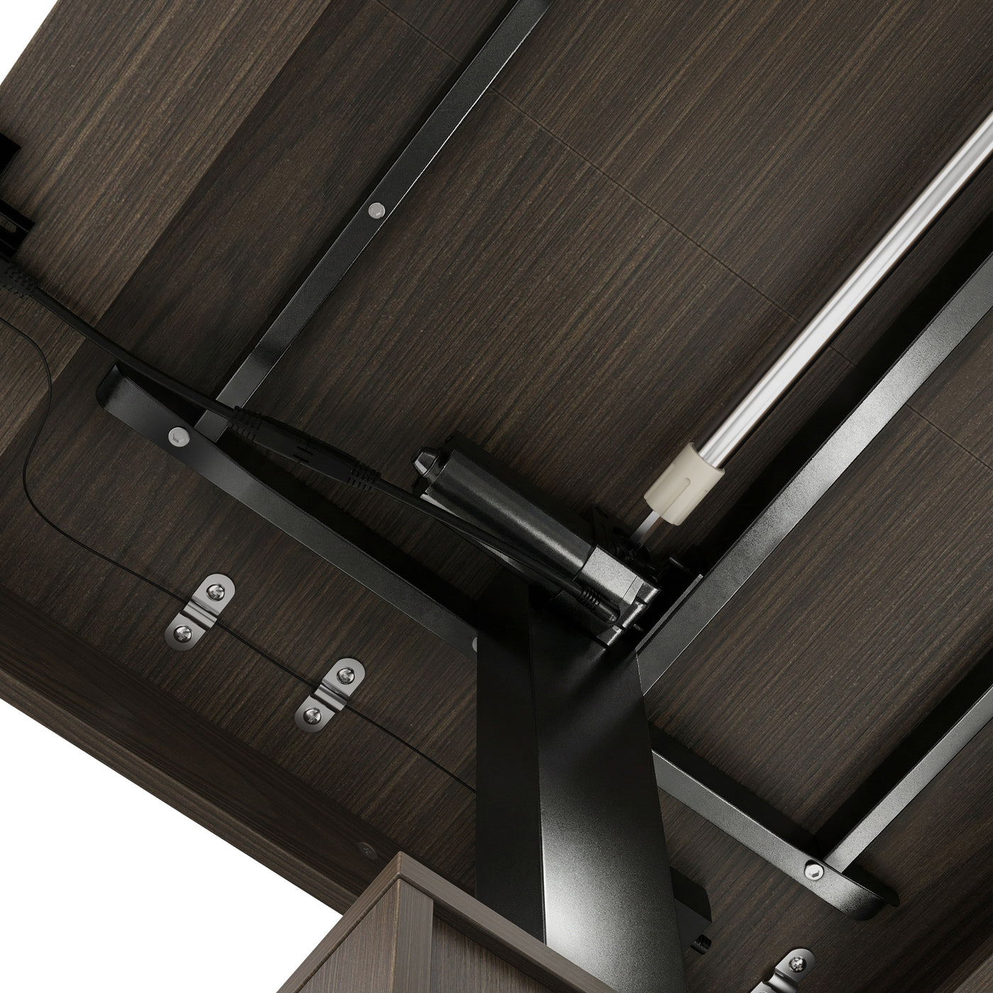Dark wood standing desk with electric height adjustment and control panel