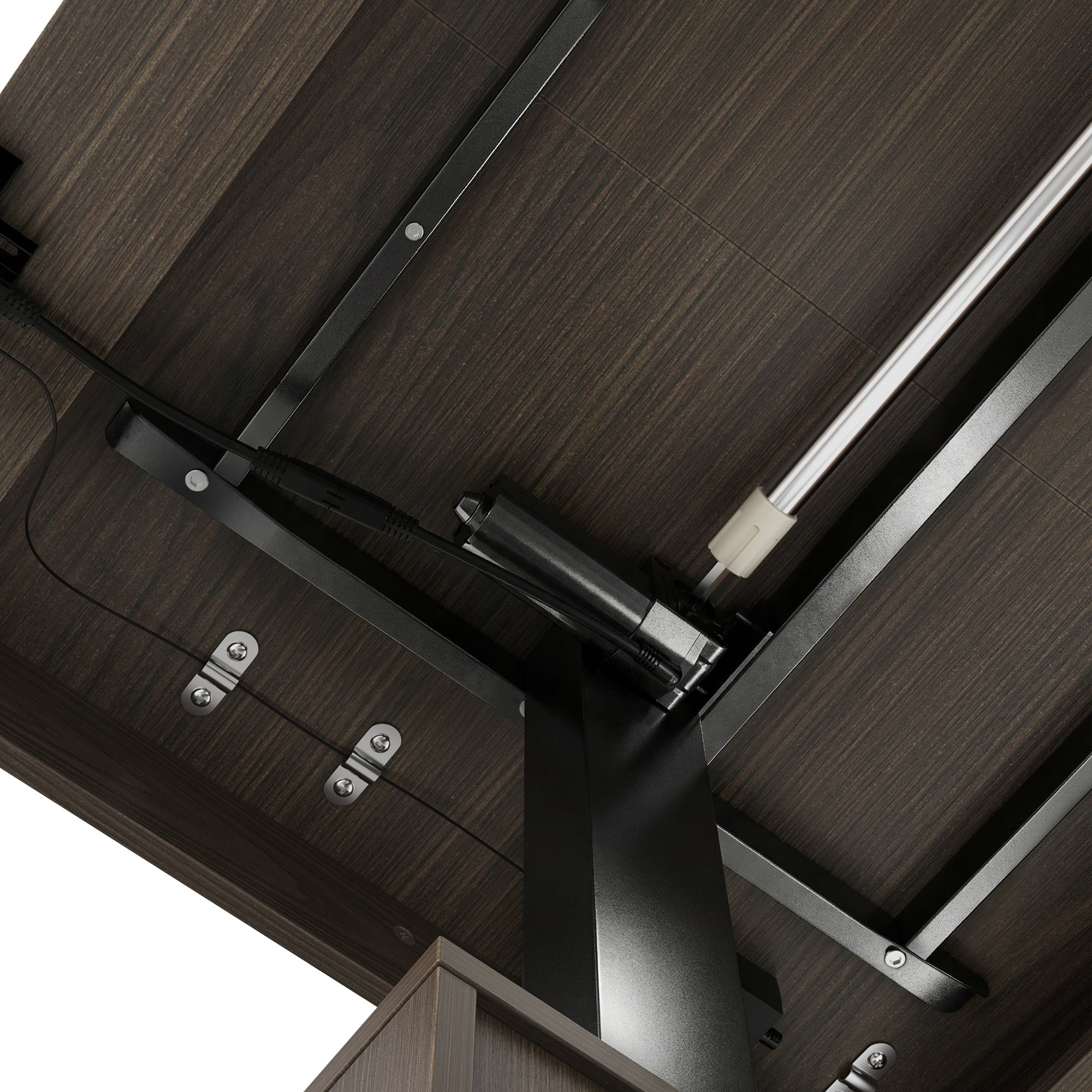 Dark wood standing desk with electric height adjustment and control panel