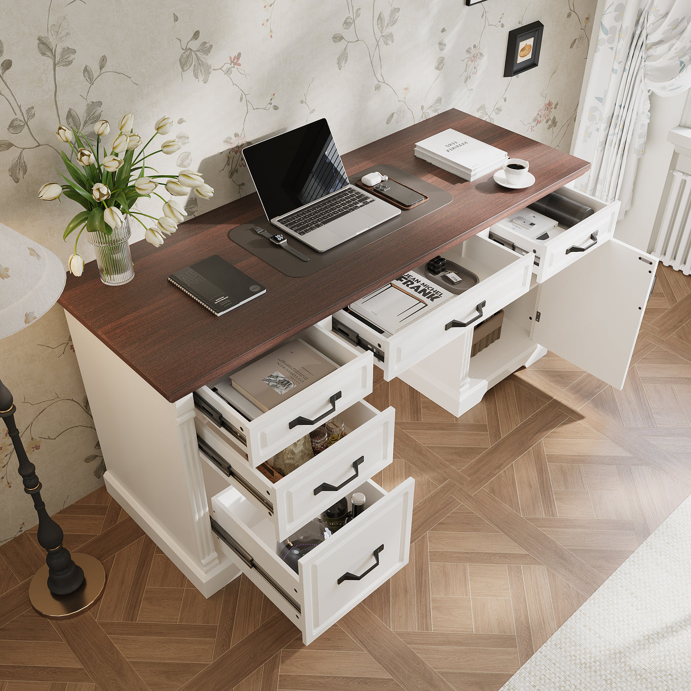 59" Traditional Walnut & White Computer Desk with 5 Drawers